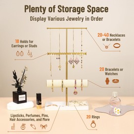 Kukikan Jewelry Organizer Stand with Velvet Bracelet Holder, 3 Tier Sturdy Hangers for Necklaces, Watches, Rings, Earrings, Adjustable Tall 17.1" (Max), Gold Metal Jewelry Tower Gift for Women