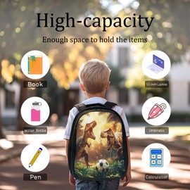 Quorin Funny Dinosaur Backpack Soccer School Bag 3PCS Backpack 16 Inch with Lunch Bag Set Lightweight for Teen Boys Girls Kids Elementary Middle School