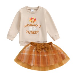 FIOMVA Toddler Thanksgiving Outfit Baby Girl Mommy's Little Turkey Sweatshirt Sweater Top Pullover+Tulle Tutu Skirts Little Girl Dress Thanksgiving Clothes 6-12months