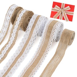 Jute Ribbon Lace Ribbon, 5 Rolls 2 m Jute Ribbon with Lace, Natural Jute Ribbon for Birthday Party Wedding Christmas Table Decoration DIY Crafts