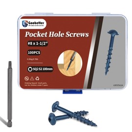 Pocket Hole Screws #8 x 1-1/2", Goobetter 100 Pcs Pocket Screws 1-1/2 Inch for Exterior, Washer Head with Square Drive, Coarse Thread, Blue Coated, Self Tapping, 100MM Drive Bit Included