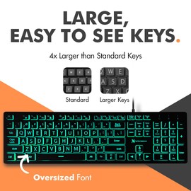 X9 Large Print Backlit Keyboard | Wired Light Up Computer Keyboard for PC Desktop Computer and Laptop - Easy to See and Type Illuminated Large Keys for Seniors and Elderly with 7 Backlight Colors