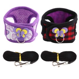 2Set Small Animal Harness, Chinchilla Walking Harness Vest with Leash Set with Cute Butterfly Decor for Squirrel Bunny Guinea Pig Kitten Red Grid Purple Hearts 2 Pieces(S)