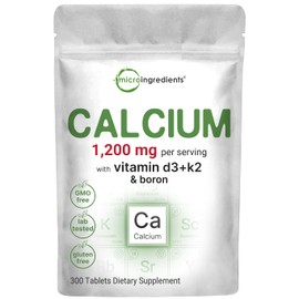 Micro Ingredients Calcium 1,200mg with Vitamin D3 & K2, 300 Tablets | Calcium Supplements for Women & Men | Mineral Complex Support Bone, Teeth, Colon & Cardiovascular Health | Non-GMO, Gluten-Free