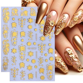 2 Sheets Gold Nail Art Stickers 3D Metallic Flower Nail Stickers Gold Blossom Floral Fallen Leaves Design Nail Art Supplies Fall Nail Decals for Women Girl Acrylic DIY Manicure Decoration Accessories