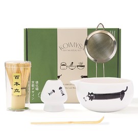 KOIMYSA Matcha Whisk Set, Cute Japanese Matcha Set Preparation Gift Kit Including Black Cat Ceramic Bowl and Whisk Holder, Bamboo Scoop, Gift Box