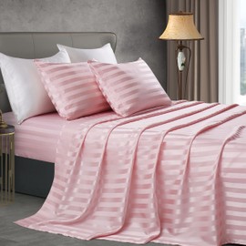 Manyshofu Blush Pink Satin Striped Sheets - 4Pcs Satin Sheets Queen Size, Cooling Silky Satin Bed Sheets Luxury Bedding Sheet Set(1 Satin Fitted Sheet, 1 Satin Flat Sheet, 2 Satin Pillow Cases)