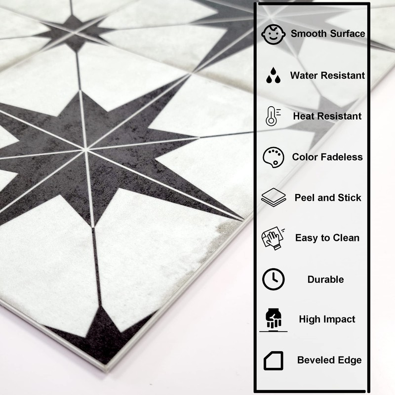 The Tiles Plaza Encaustic Peel and Stick Backsplash, Black Star