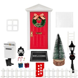 RAFIYU Gnome Door Accessory Christmas Set, 21 Pcs Miniature Gnome Accessories, 1:12 Miniature Elf Pixie Decoration, Dollhouse Christmas Decoration with Mailbox, Boot, Wreath, Fence, Carpet, Lantern