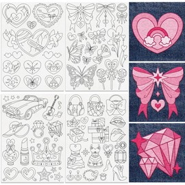 43Pcs Cute Women Style Embroidery Pattern Stabilizer, 21 x 29.7cm Heart Bow Bag Water Soluble Stick and Stitch Embroidery Sticker, 4 Sheets Skirt Car Hand Sewing DIY Embroidery Paper