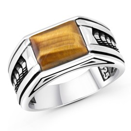 Chimoda Sterling Silver Rings for Men with Arrow Pattern, Anillos para Hombre, Mens Rings with Gemtone, Handmade Sterling Silver Rings with Tiger Eye Gemstone (Tiger Eye-sz14)