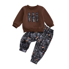 PUHHAPIEY Toddler Boy Fall Winter Clothes Baby Camo Outfits Retro Duck Embroidery Hunting Sweatshirts + Camouflage Pants Set (Coffee, 3-6 Months)