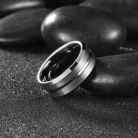 King Will Stylish Tungsten Carbide Wedding Band for Men, 8mm Ring with Groove and Black Edges with Steel-Plated Inner, Comfort Fit Size 10