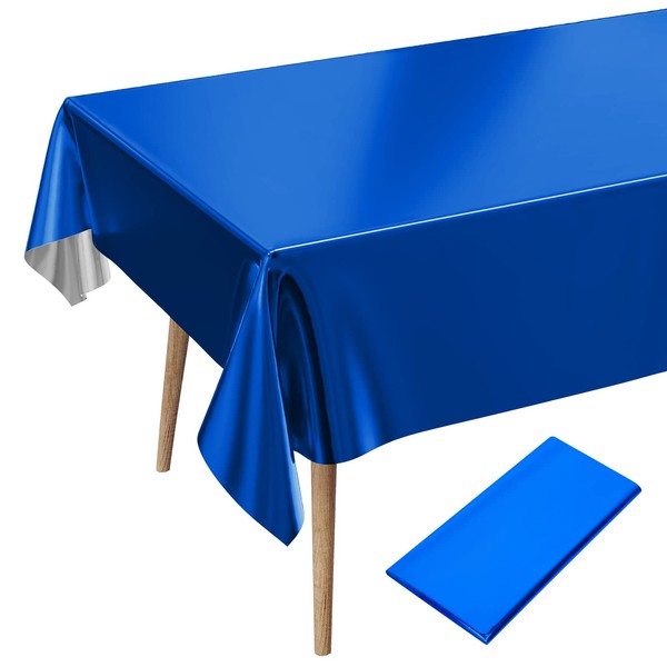 Blue Party Table Cover, 54 X 108 Inch Rectangle Foil Tablecloth, Waterproof & Metallic Plastic Disposable Table Cloth for Wedding Birthday Party Decorations Christmas Baby Shower Indoor or Outdoor