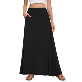 Leafsay Womens Maxi A-line Long Summer Skirt Elastic High Waist Flowy Skirt with Pockets(Black,XL)