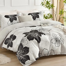 DJY 3 Pieces Duvet Cover Set King Black White Floral Pattern Comforter Cover Elegant Boho Floral Duvet Cover with 2 Pillow Cases Lightweight Microfiber Bedding Duvet Cover Set All Season 90"x 104"