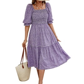 PRETTYGARDEN Womens 2025 Summer Casual Short Sleeve Sun Dress Square Neck Floral Elegant Formal Tiered Midi Dresses (Purple White Flower,XL)