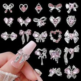 Luxury Pink Diamond Nail Charms 3D Butterfly Nail Art Charms Bow Nail Charms Y2k Heart Charms Nails Accessories Butterfly Heart Bow Nail Design Gemstones Rhinestones Nail Jewellery