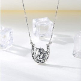 OHAYOO Horse Necklace 925 Sterling Silver Celtic Knot Horse Pendant Necklace Horseshoe Horse Jewelry Gift for Women