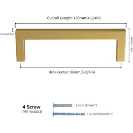 LONTAN 10 Pack Bathroom Cabinet Handles Brass Kitchen Handles 96mm Gold Handles Brushed Brass Beside Cabinet Knobs Gold Kitchen Handles LSJ12GD96