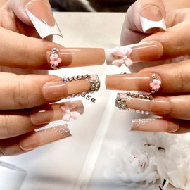 CECOBAG Long Presser Nails with 3D Bow Fake Nails, Luxury Rhinestone Acrylic Nails, Pink Glitter Artificial Nails, Reusable 24pcs