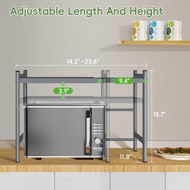 ByNaRIX Expandable Microwave Stand Countertop,Adjustable Microwave Shelf 2-Tier Metal Kitchen Counter Shelves Organizer Adjustable Height Toaster Oven Rack with 5 Hooks for Kitchen Office Desktop