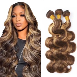 GLSMOSNW Ombre Bundles Human Hair P4/27 Highlight Body Wave Bundles Honey Blond Mix With Brown Hair Extensions Highlight Body Wave For Black Women