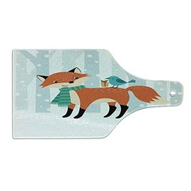 Ambesonne Woodsy Cutting Board, Snowy Weather with a Fox and a Bird Christmas Theme, Decorative Tempered Glass Cutting and Serving Board, Wine Bottle Shape, Vermilion Charcoal Grey