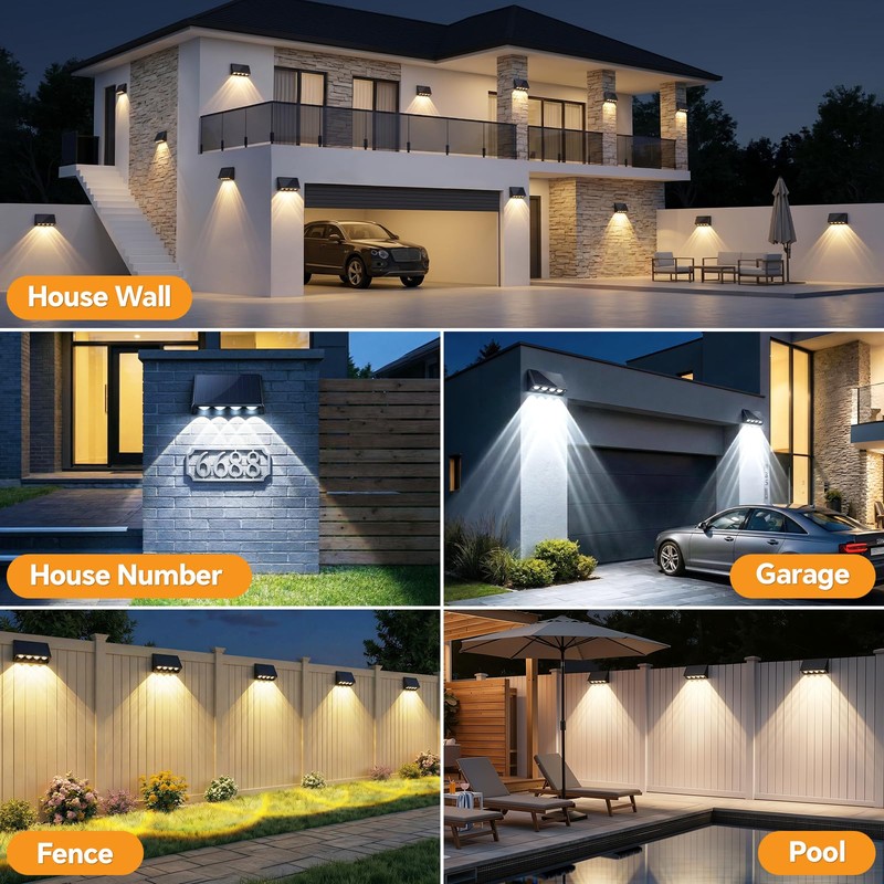 Solar Wall Lights Outdoor, 3000/4000/6500K 3 Modes Fence Lights Solar