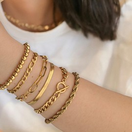 Chunky Gold Bracelets for Women, 14K Gold Plated Bracelet Stack Non Tarnish Layered Cable Chain Herringbone Snake Cuban Paperclip Bracelet for Women Gift (4Pcs Gold Bracelet Set A)