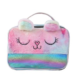 Newfancy Women Girls Kids Fluffy Faux Fur Unicorn Makeup Bag Small Cosmetic Organizer Plush Travel Storage Bags Toiletry Kit Case, Purple, One Size