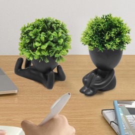 MAKHOT 4PCS Cute Artificial Mini Succulent Plants with Creative Human Shaped Pots, Small Fake Plants for Shelf Desk Tabletop Decor(Black)