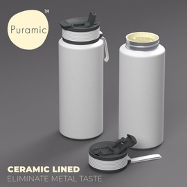 asobu Boulder Puramic™ Insulated Sport Water Bottle with Dual Function Flip Open and Straw Lid for Hot Coffee and Cold Ice Coffee with Ceramic Coating 34 oz (White)