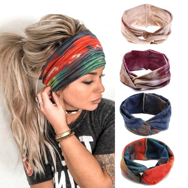 Gortin Boho Headbands Criss Cross Hair Bands Stretch Yoga Sweatband Turban Tie Dye Wide Head Wraps Twist Head Bands for Women and Girls4 Pcs (A-Tie Dye)