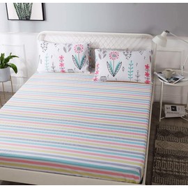 AMWAN Cotton Striped Fitted Sheet Queen Soft Deep Pocket Bedding Sheet Modern Kids Girls Fitted Sheet for Teens Boys Full Queen Bed Bottom Sheet Fresh All Seasons Mattress Cover (NO Pillowcases)