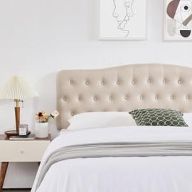 Iroomy Upholstered Queen Headboard, Button Diamond Tufted Headboard with Adjustable Height and Solid Wood Leg, Linen Fabric Padded Headboard for Queen Size Bed, Mordern Head Board, Beige