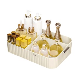 DASITON Large Capacity Makeup Organizer,12 Slots Makeup Brush Holder,Makeup Storage with Handle,Vintage Striped Cosmetic Organizer for Bathroom Countertops,Desk Storage Container(Cream)