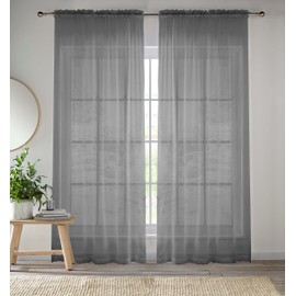 Enhanced Living Grey Voile Curtains for Living Room Panel Pair - 57 Wide x 54 Drop - Plain Woven Slot Top Sheer Curtains (57"x54") 145x137cm