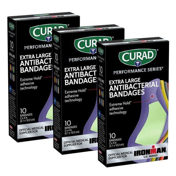 Curad Performance Series Ironman XL Antibacterial Bandages, Extreme Hold Adhesive Technology, Fabric Bandages, 10 Count (Pack of 3)