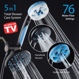 5-in-1 Aquassage by AquaCare - High Pressure 76-mode Shower Head, Combo, Hand Shower, Body Brush & Hair Brush in One! With Two Brackets, Extra-long 6 foot Stainless Steel Hose & Brush Head Holder