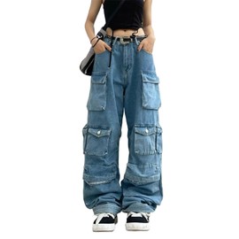 Women's Baggy Cargo Pants Y2K Clothing Multi-Pocket Relaxed Fit Jeans Fairy Grunge Clothes Alt Emo Streetwear (Blue Jeans,S)