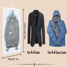 Hanging Vacuum Storage Bags, ZWMYF 4 PCS Space-saving Vacuum Bag for Clothes, Suits, Dresses, Coats or Jackets, Clear & Reusable Closet Organizer 105x70cm