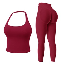 MAYROUND Womens Workout Sets Gym Outfits 2 Pieces Seamless Longline Halter Backless Crop Top Hidden Scrunch Leggings Yoga Tracksuit