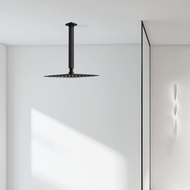 Matte Black Shower Arm with Flange 12 Inch Replacement Extension Pipe Stainless Steel Rainfall Shower Head Extender Arm, Square Shaped