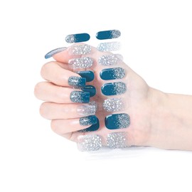 DANNEASY 16 Pieces Semi Cured Gel Nail Strips - Glitter & Indigo Solid, Gel Nail Stickers Full Nail Wraps Salon-Quality, Long Lasting, Easy to Apply with Nail File, Cuticle Stick, Prep Pads