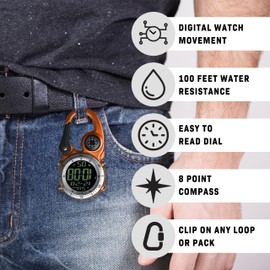 Dakota Digital Backpacker Clip, Fob and Pocket Watch, Alarm, Stopwatch, Timer and Dual Time, Outdoor Gifts for Men and Women, Tactical Digital Watch