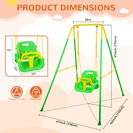 3-in-1 Toddler Swing Set, Indoor & Outdoor Baby Swing Heavy Duty Swing Set with Foldable Metal Stand for Aged 6 Months to 10 Years Old, Easy to Assemble and Store (Green)