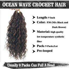 9 Packs Ocean Wave Crochet Hair Crochet Hair Pre Looped Boho Deep Wave Curly for Black Women Braiding Hair Extensions (P30) 9 Inch