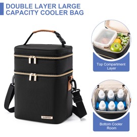 BABEYER Breastmilk Cooler Bag with Ice Pack Fits 6 Baby Bottles Up to 9 Ounce, Double Deck Leak-Proof Baby Bottles Bag with Shoulder Strap for Nursing & Working Mom, Black