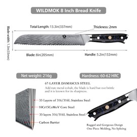 WILDMOK Damascus Serrated Steel Bread Knife, 8 inches Serrated Bread Knife, Ergonomic Full Tang Resin Handle, Razor Sharp Beautiful Damascus steel feather pattern with Luxury Gift Box